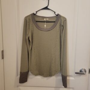 Bohme Olive and Gray Striped Long Sleeve Tee